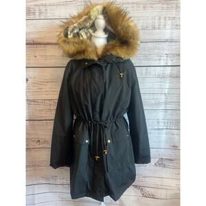 Steve Madden black anorak parka style jacket faux-fur-trim hood Black Large